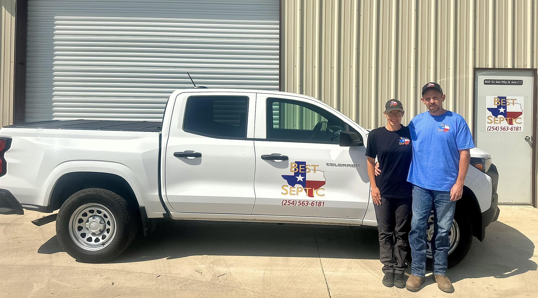 Owners Jason and Annetta Robbins with a Best Texas Septic service truck